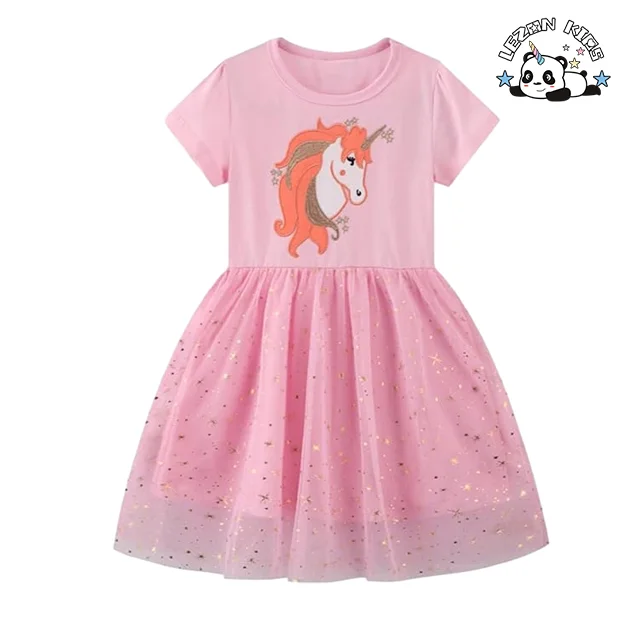 LEZONKIDS - Customized Logo Kids Cute Cartoon Printing Girls Tulle Dress Sequins Stripe For Summer
